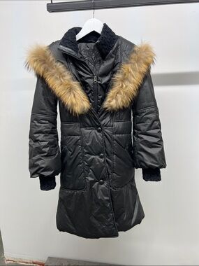 Mackage Black Long Puffer Coat with Fur Trim
